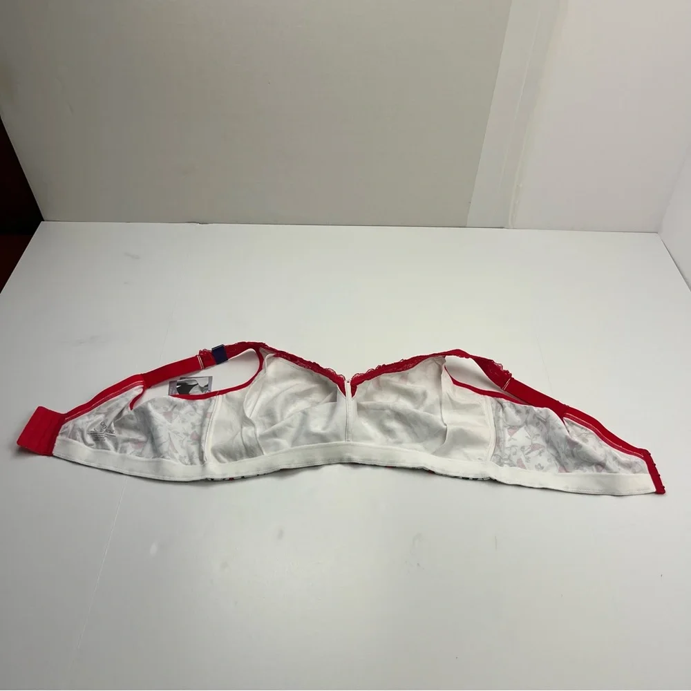 Catherines Intimates No Wire Cotton Comfort White Red Cardinal Bra Size 48DD NEW